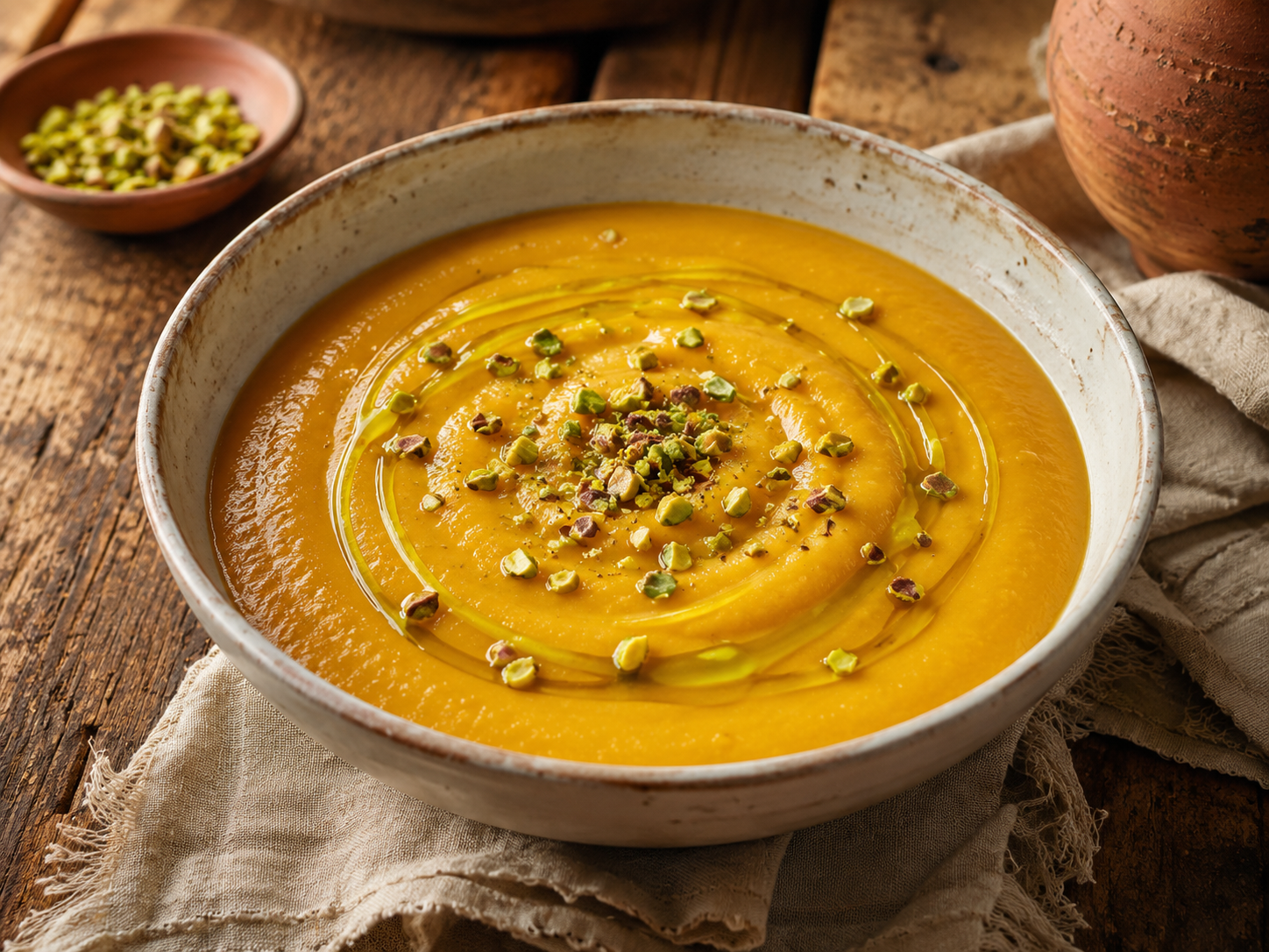 Crema de calabaza terminado con aceite de pistacho KraftES