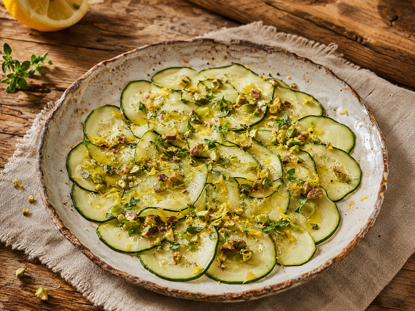 Carpaccio de calabacín terminado con aceite de pistacho KraftES